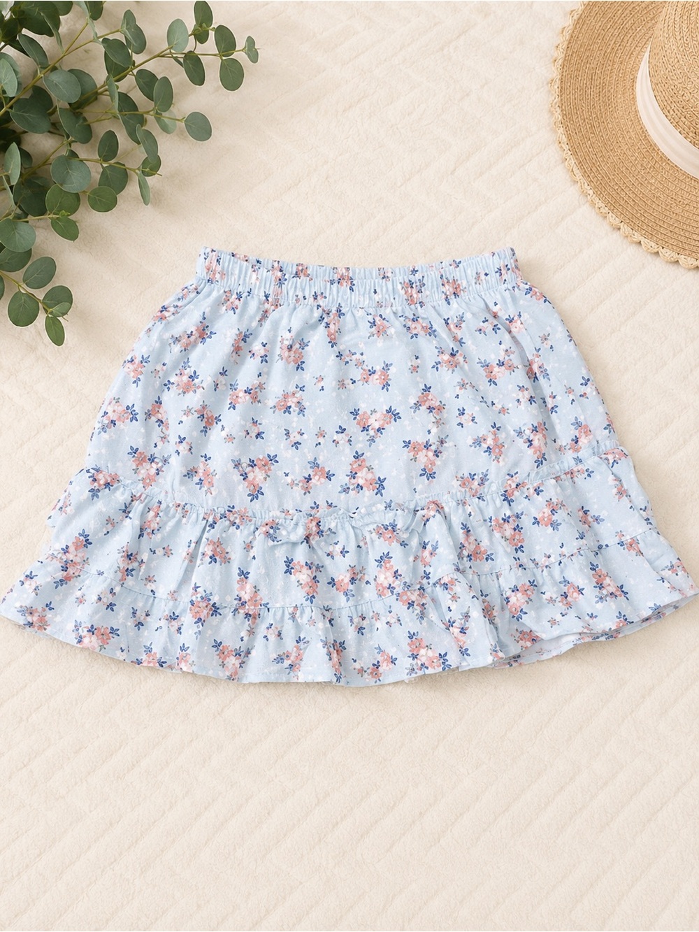 Girls Light Blue Floral Ruffle Skirt